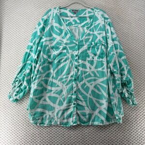 JM Collection‎ Woman Linen Button Down Top Long Sleeve Abstract 22W